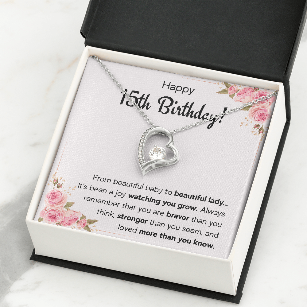 15th Birthday Gift for Teen Girl | Happy Sweet 15 Gift Necklace Mahogany Style Luxury Box