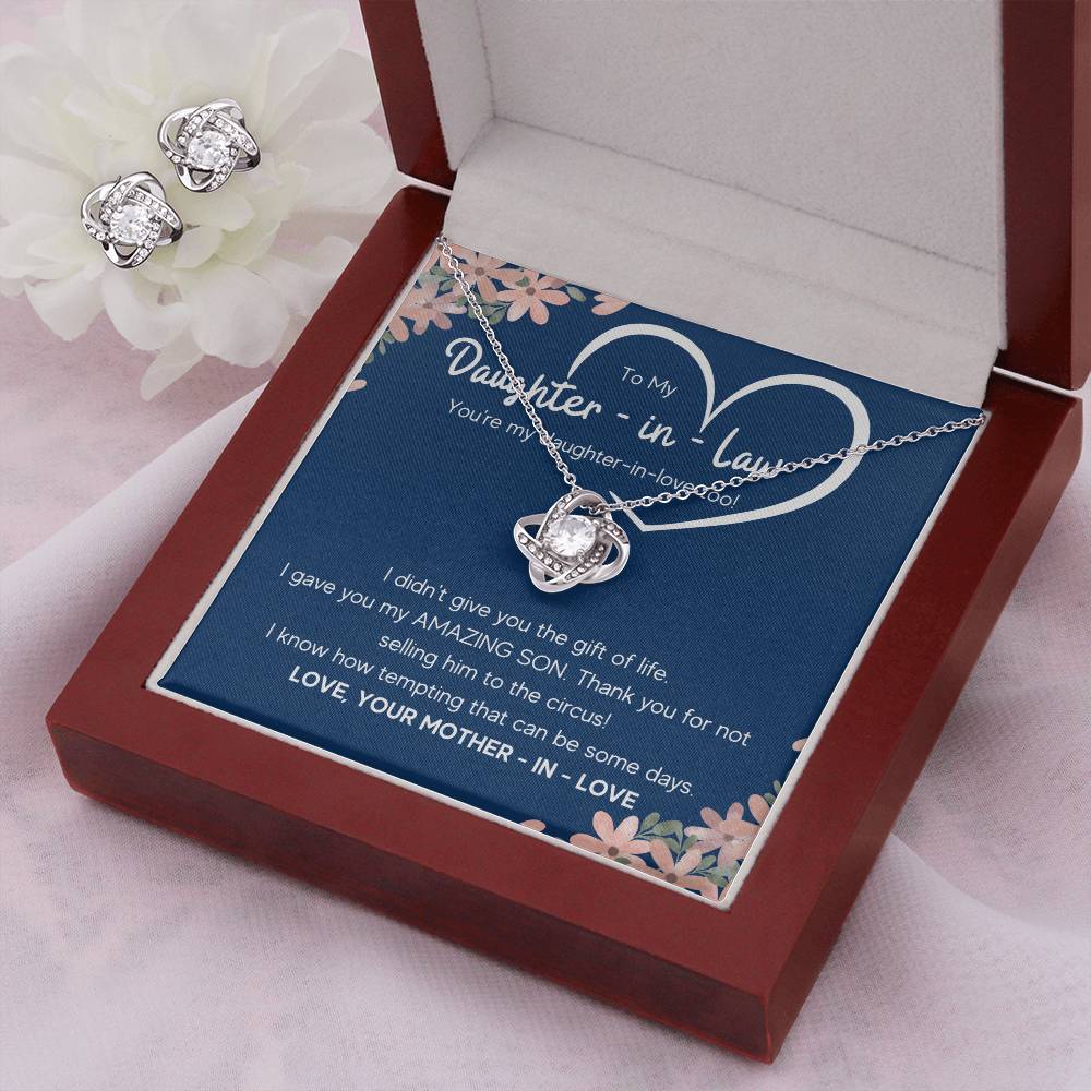 TO MY DAUGHTER IN LAW CIRCUS LOVE KNOT NECKLACE AND EARRINGS GIFT SET