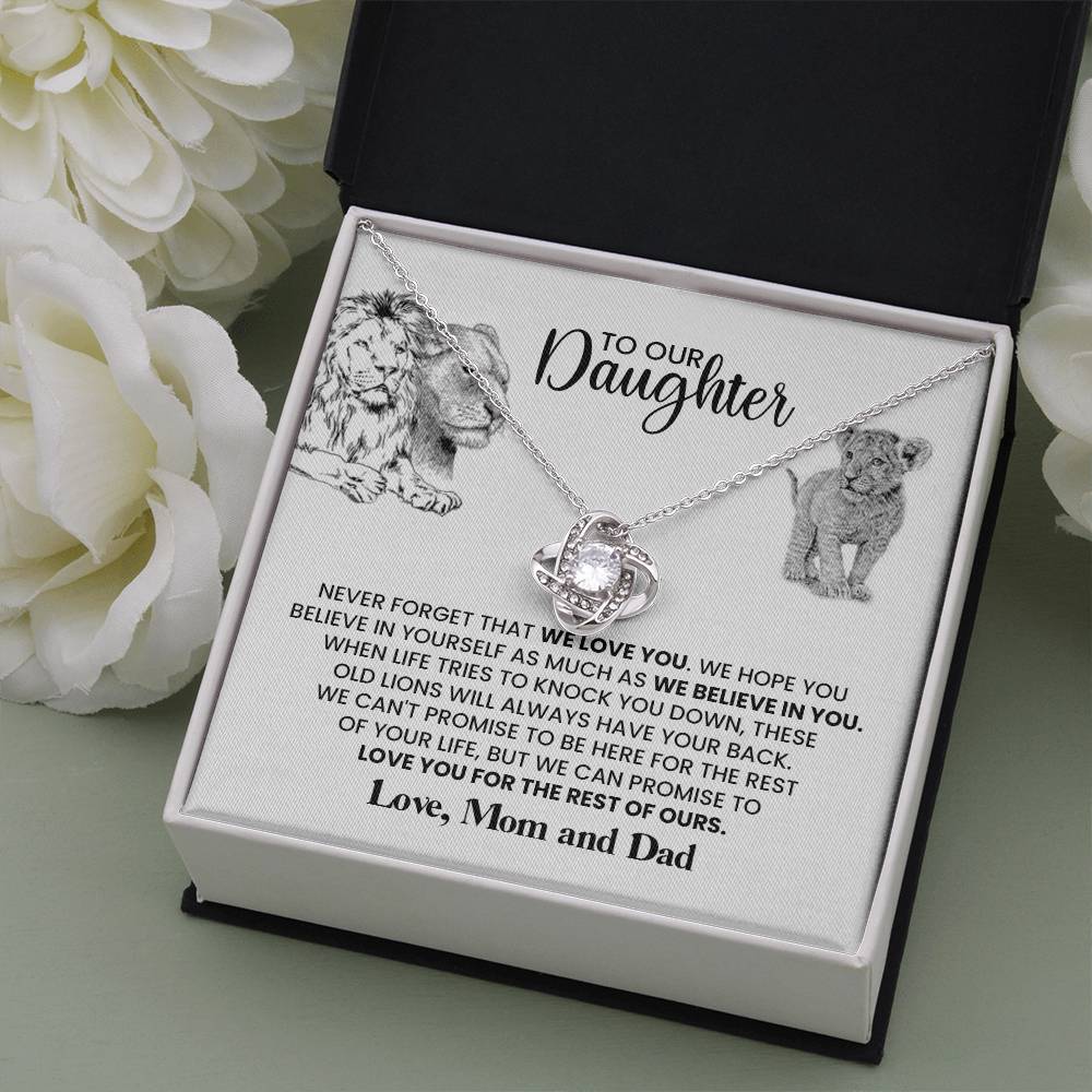 TO OUR DAUGHTER "THESE OLD LIONS" LOVE KNOT NECKLACE GIFT SET