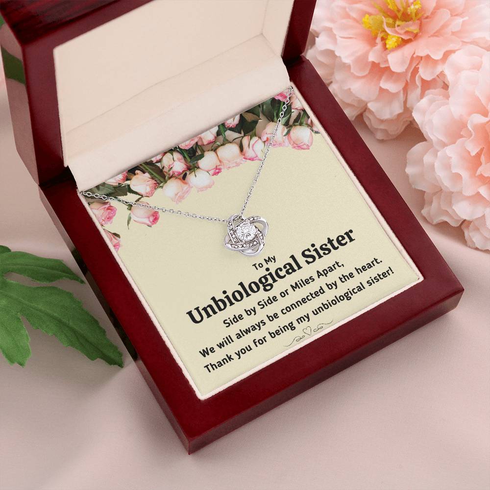 TO MY UNBIOLOGICAL SISTER "CONNECTED BY THE HEART" LOVE KNOT NECKLACE GIFT SET