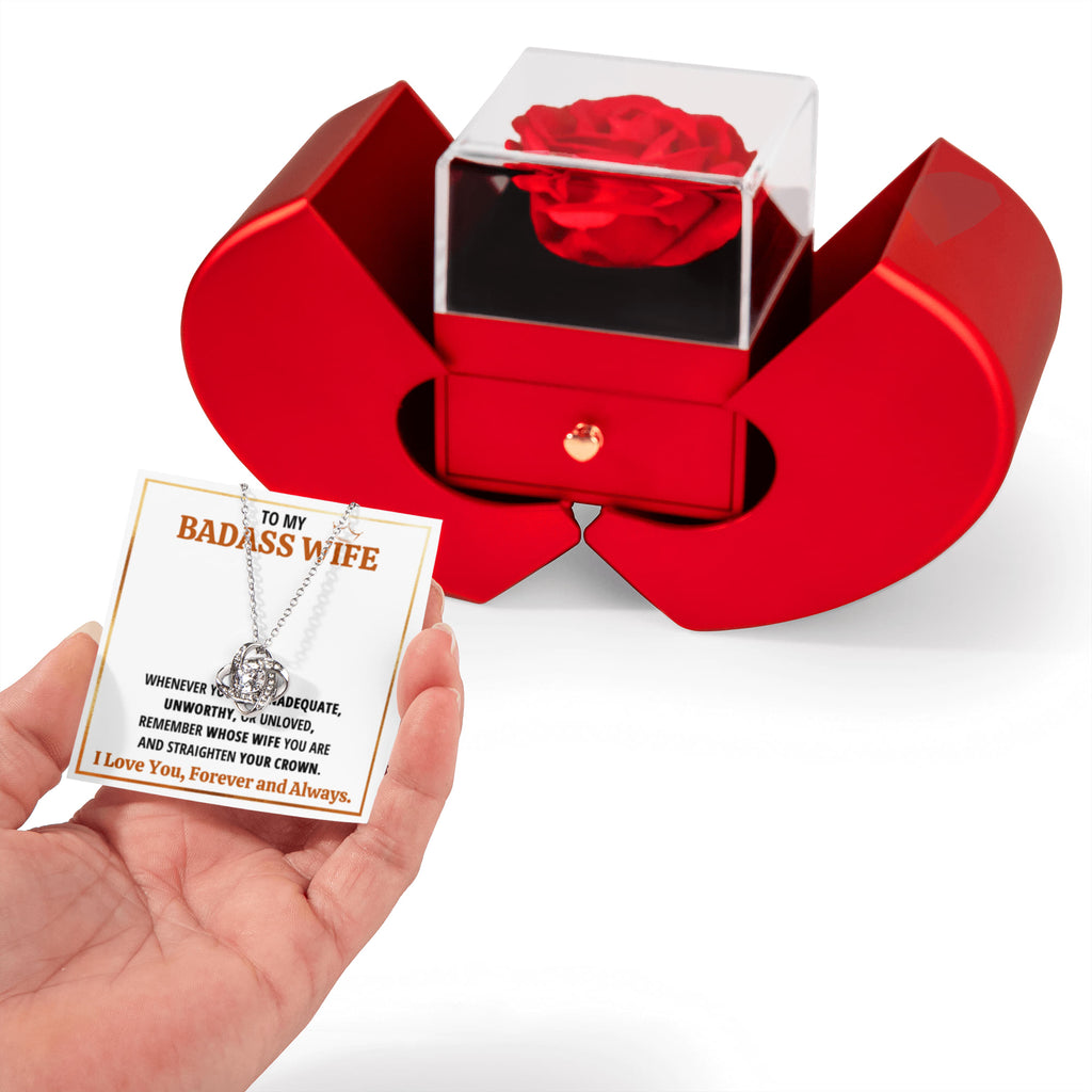 To My Badass Wife Love Knot Necklace Heart Box Gift Set