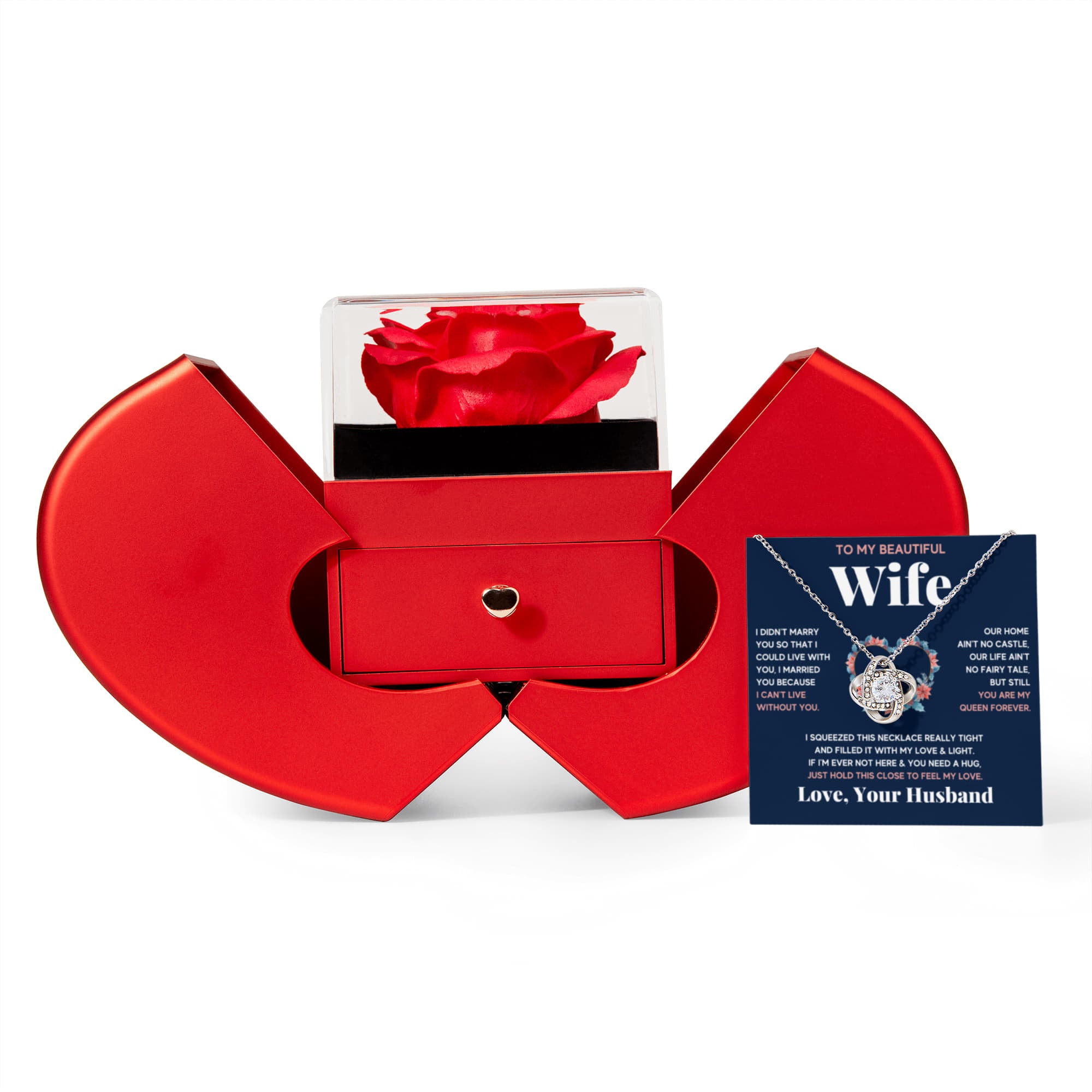 To My Beautiful Wife Love Knot Necklace Heart Box Gift Set