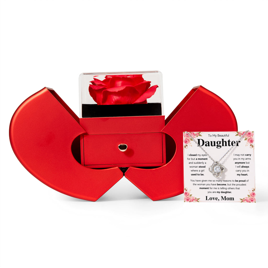 To My Daughter Mom Proud Love Knot Necklace Heart Box Gift Set