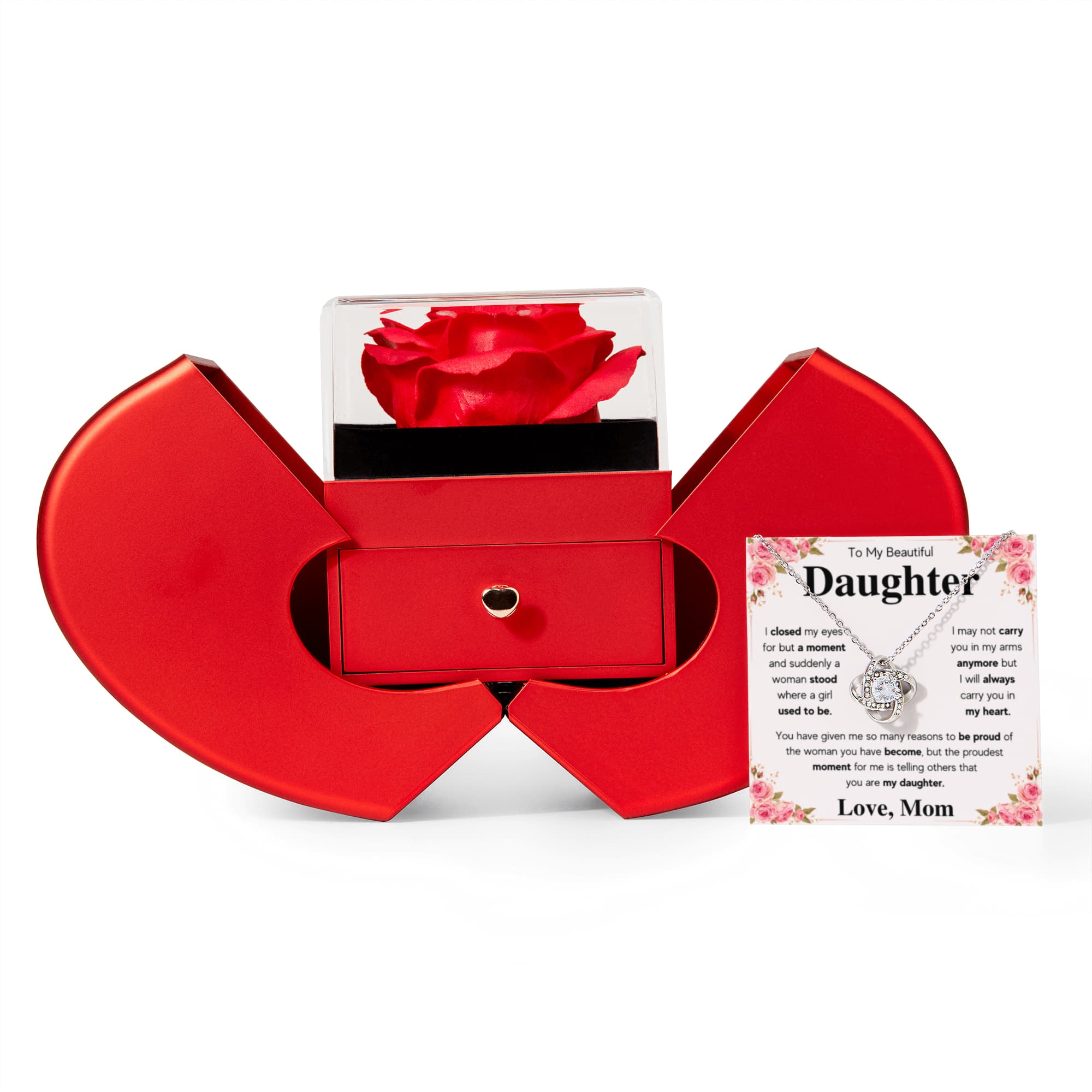 To My Daughter Mom Proud Love Knot Necklace Heart Box Gift Set