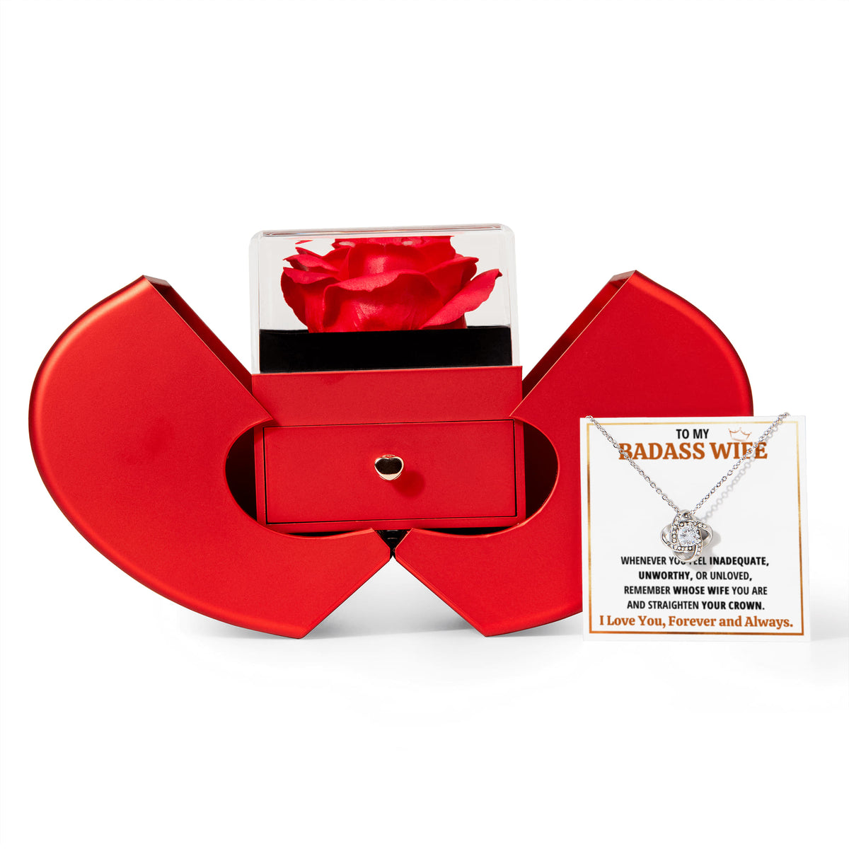 To My Badass Wife Love Knot Necklace Heart Box Gift Set