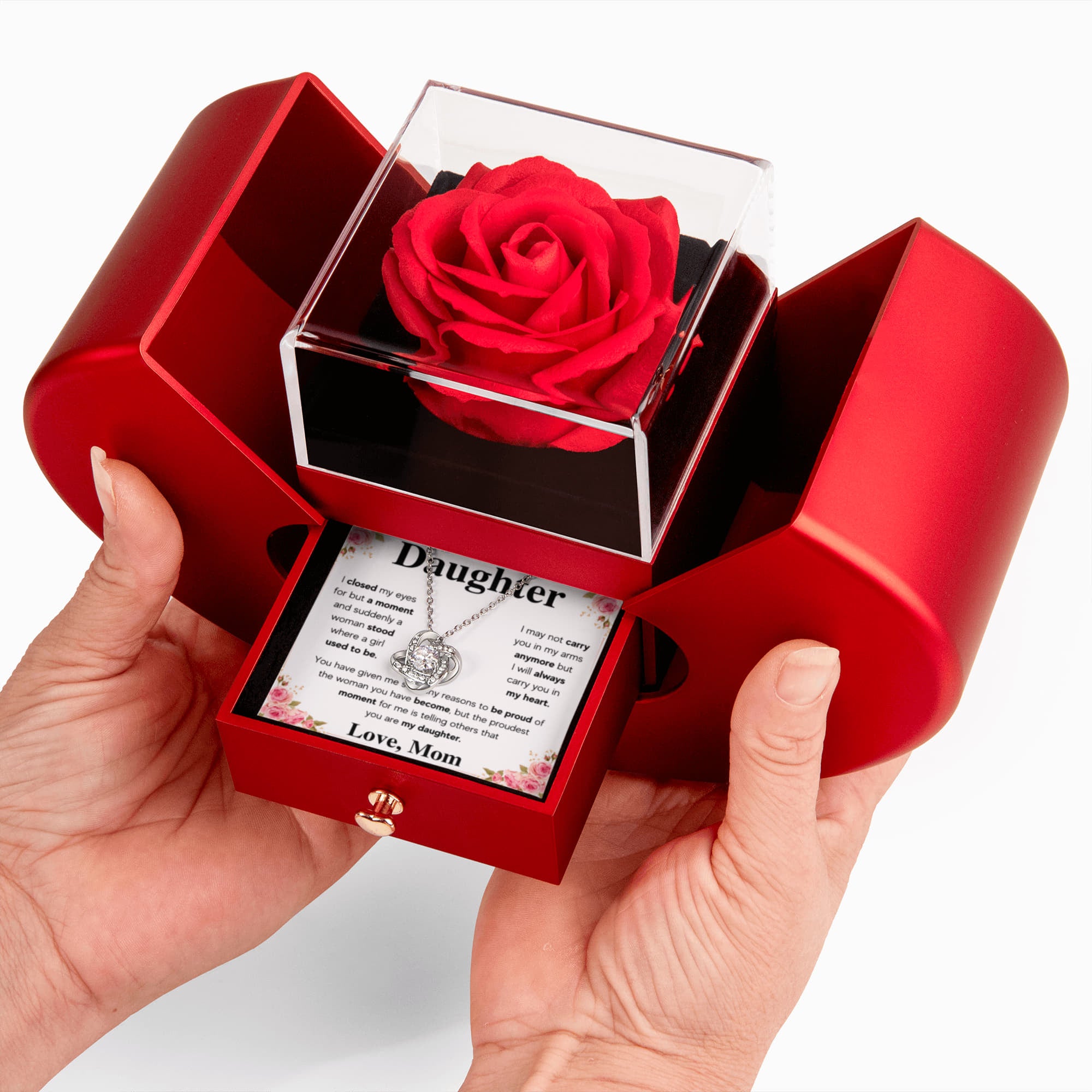 To My Daughter Mom Proud Love Knot Necklace Heart Box Gift Set