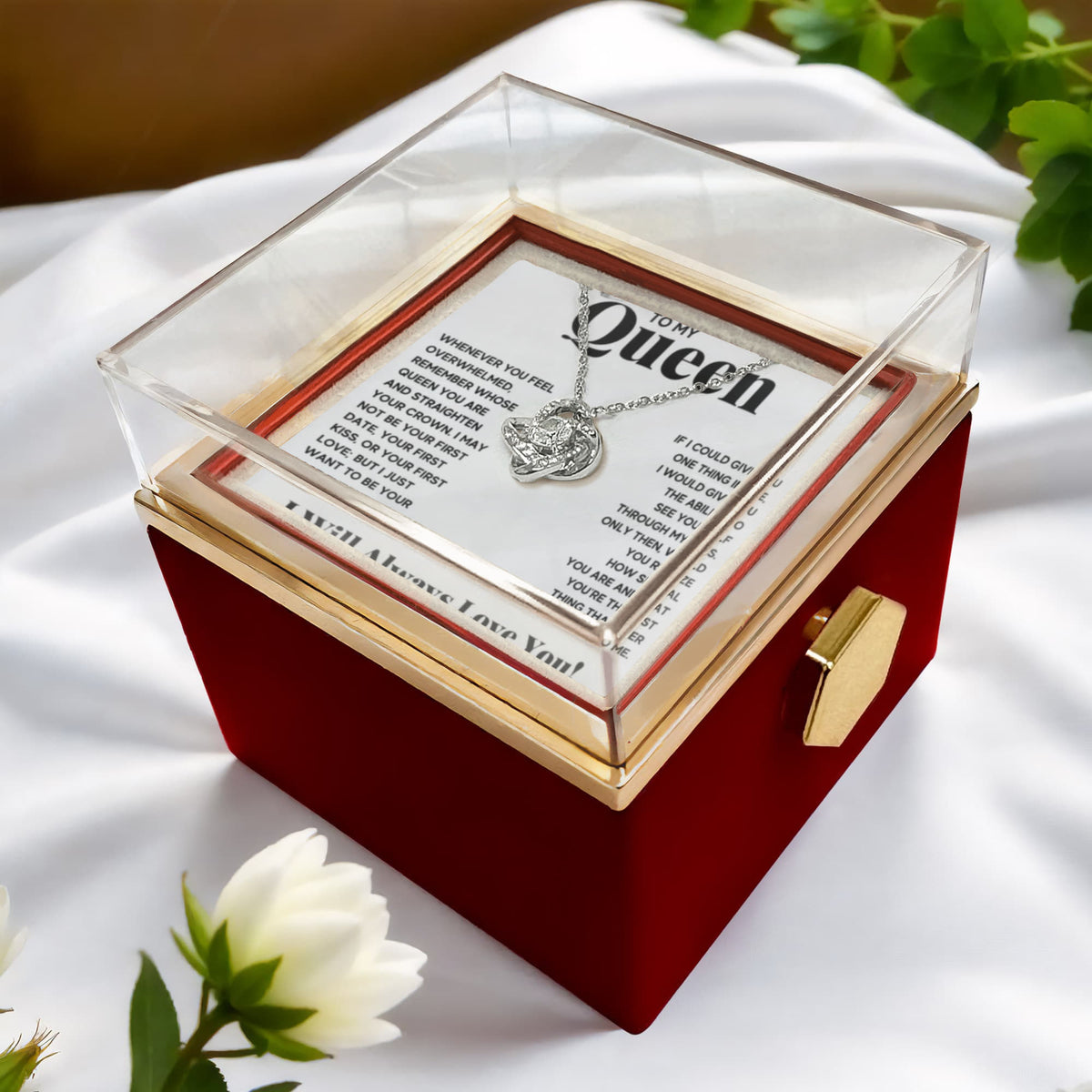 To My Queen Love Knot Necklace Rose Box Gift Set