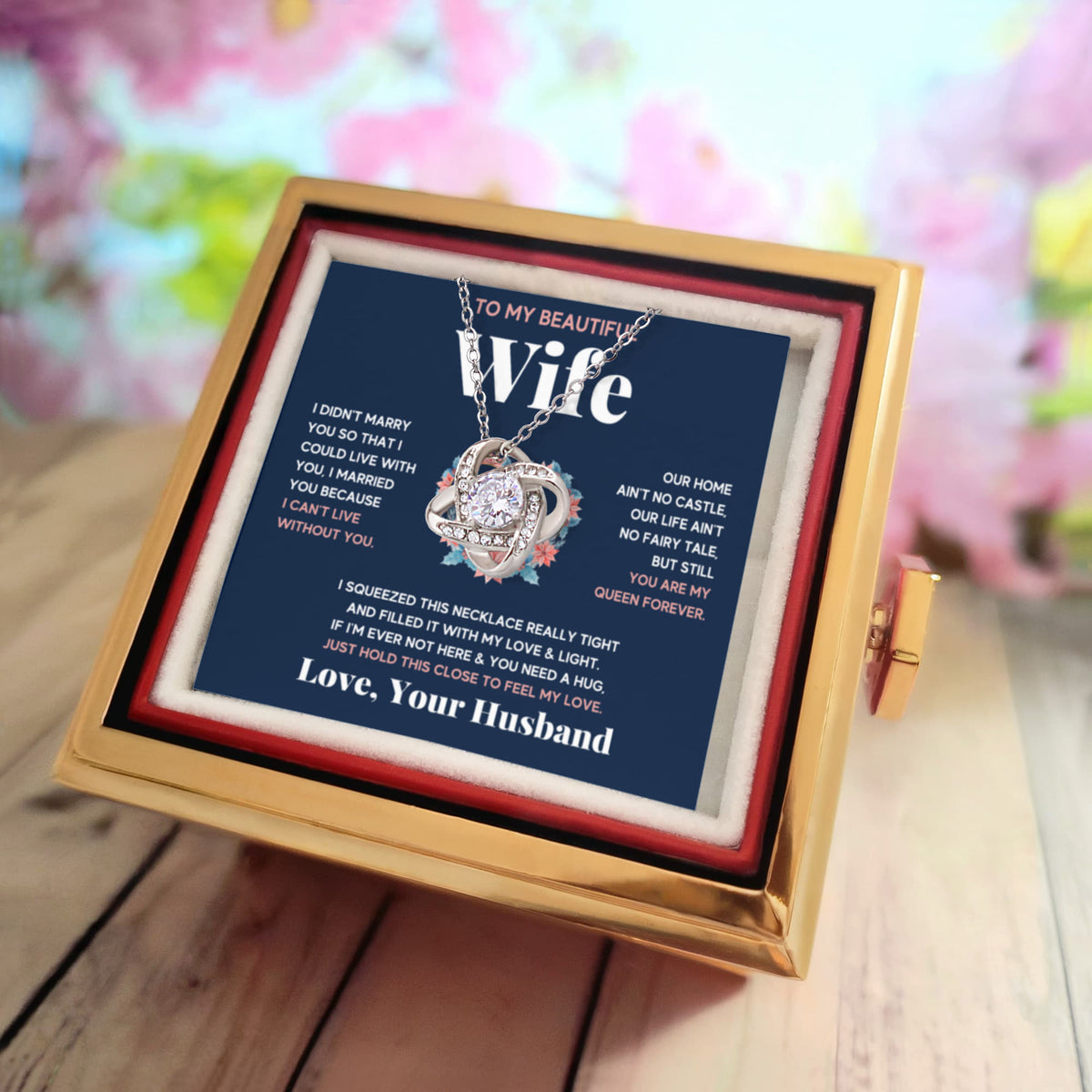 To My Beautiful Wife Squeeze Love Knot Necklace Rose Box Gift Set