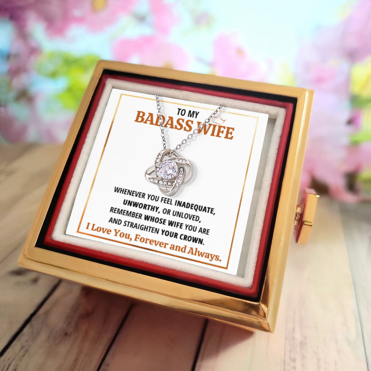 To My Badass Wife Love Knot Necklace Rose Box Gift Set