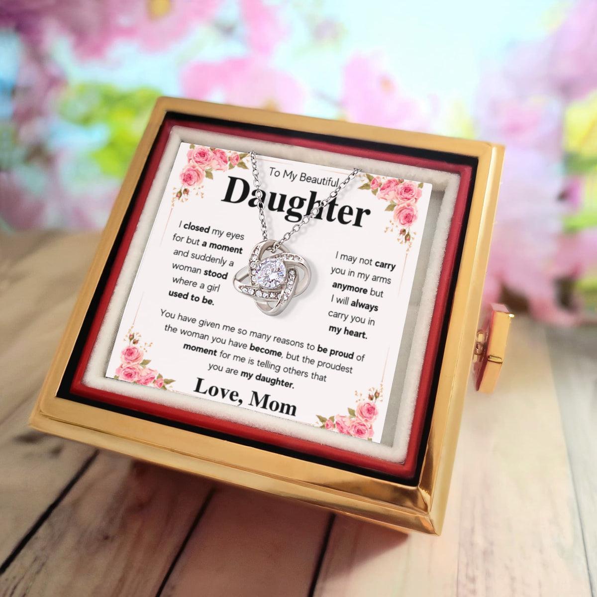 To My Daughter Mom Proud Love Knot Necklace Rose Box Gift Set