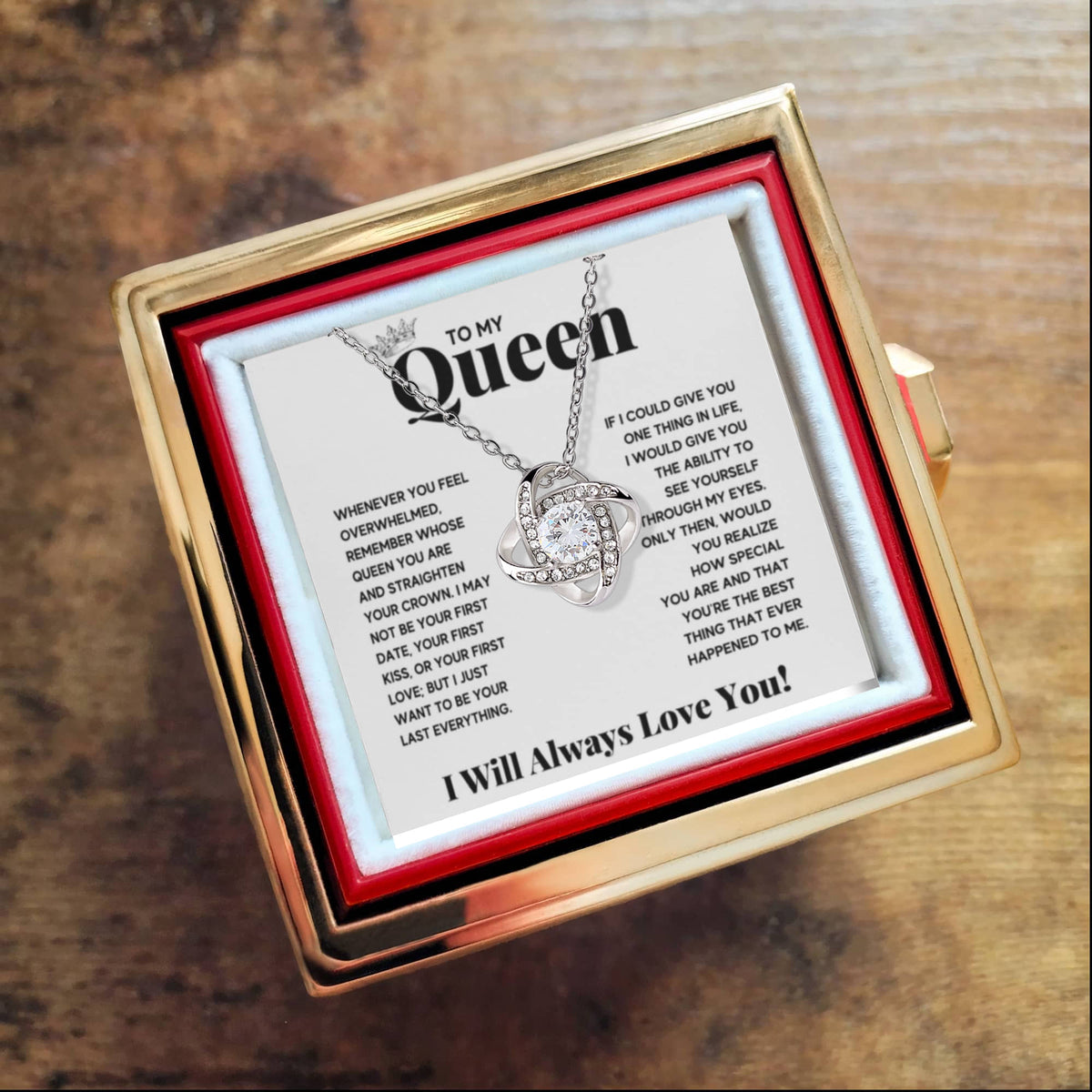 To My Queen Love Knot Necklace Rose Box Gift Set