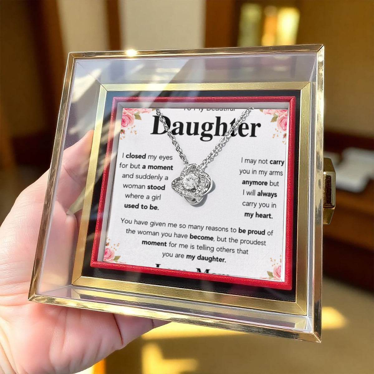 To My Daughter Mom Proud Love Knot Necklace Rose Box Gift Set