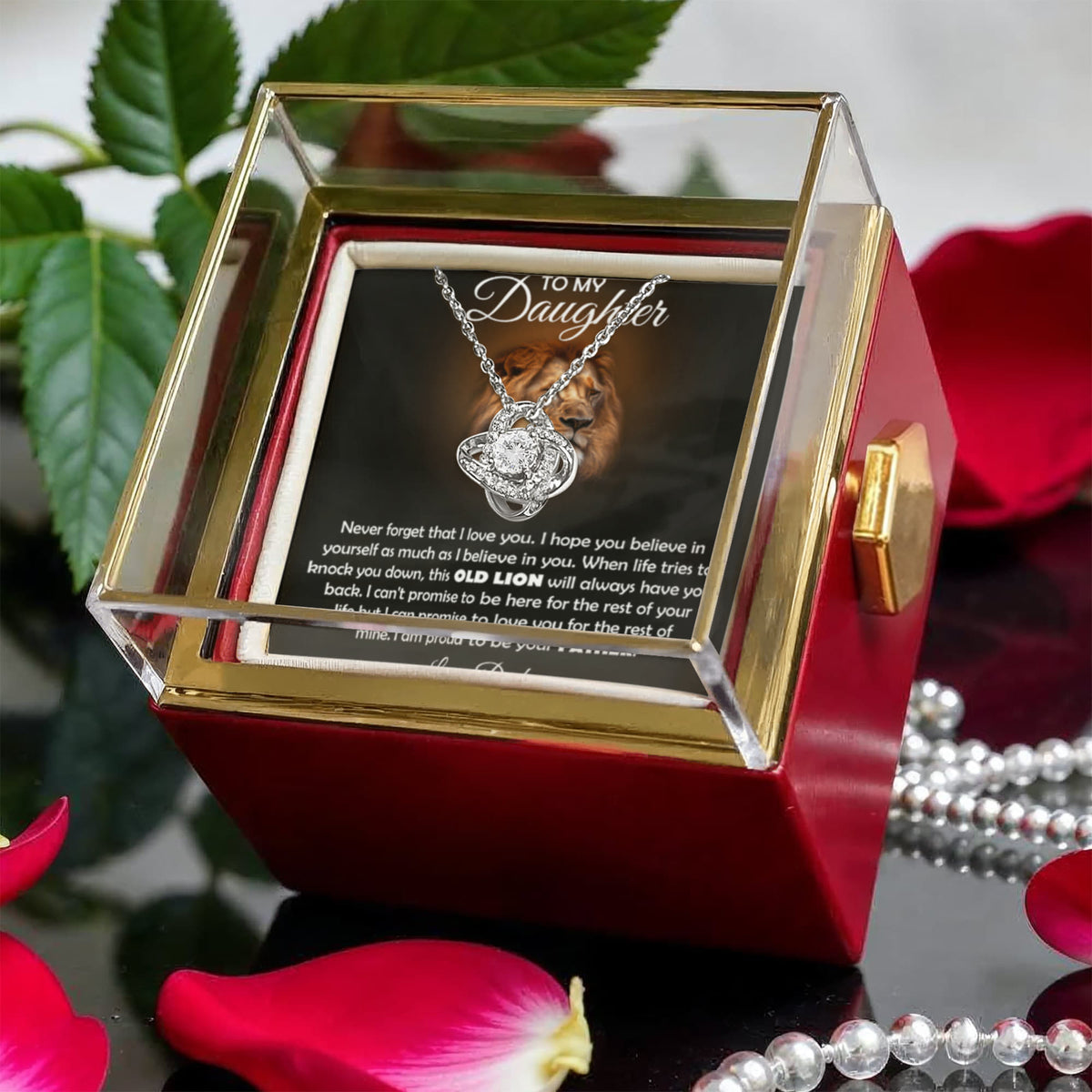 To My Daughter Lion Love Knot Necklace Rose Box Gift Set