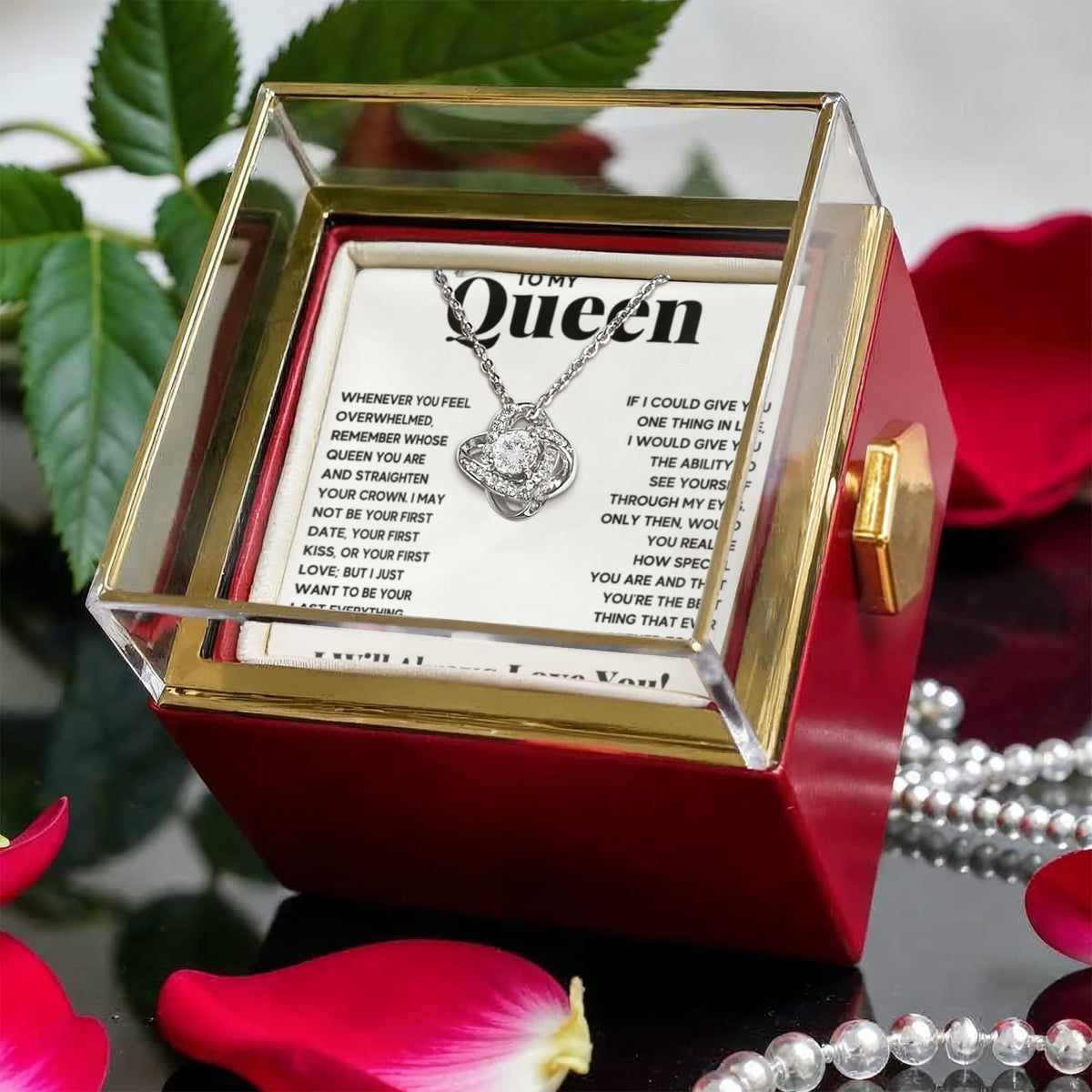 To My Queen Love Knot Necklace Rose Box Gift Set