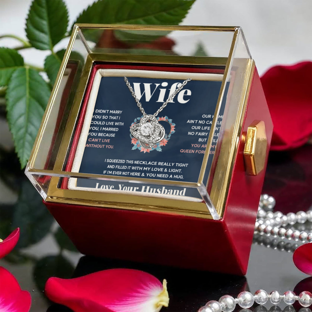 To My Beautiful Wife Squeeze Love Knot Necklace Rose Box Gift Set