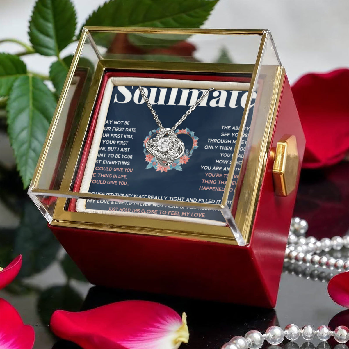 To My Wife Blue Squeeze Two Hearts Love Knot Necklace Rose Box Gift Set