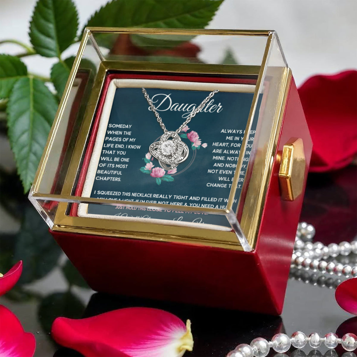 To My Daughter Chapters Squeezed Love Knot Necklace Rose Box Gift Set