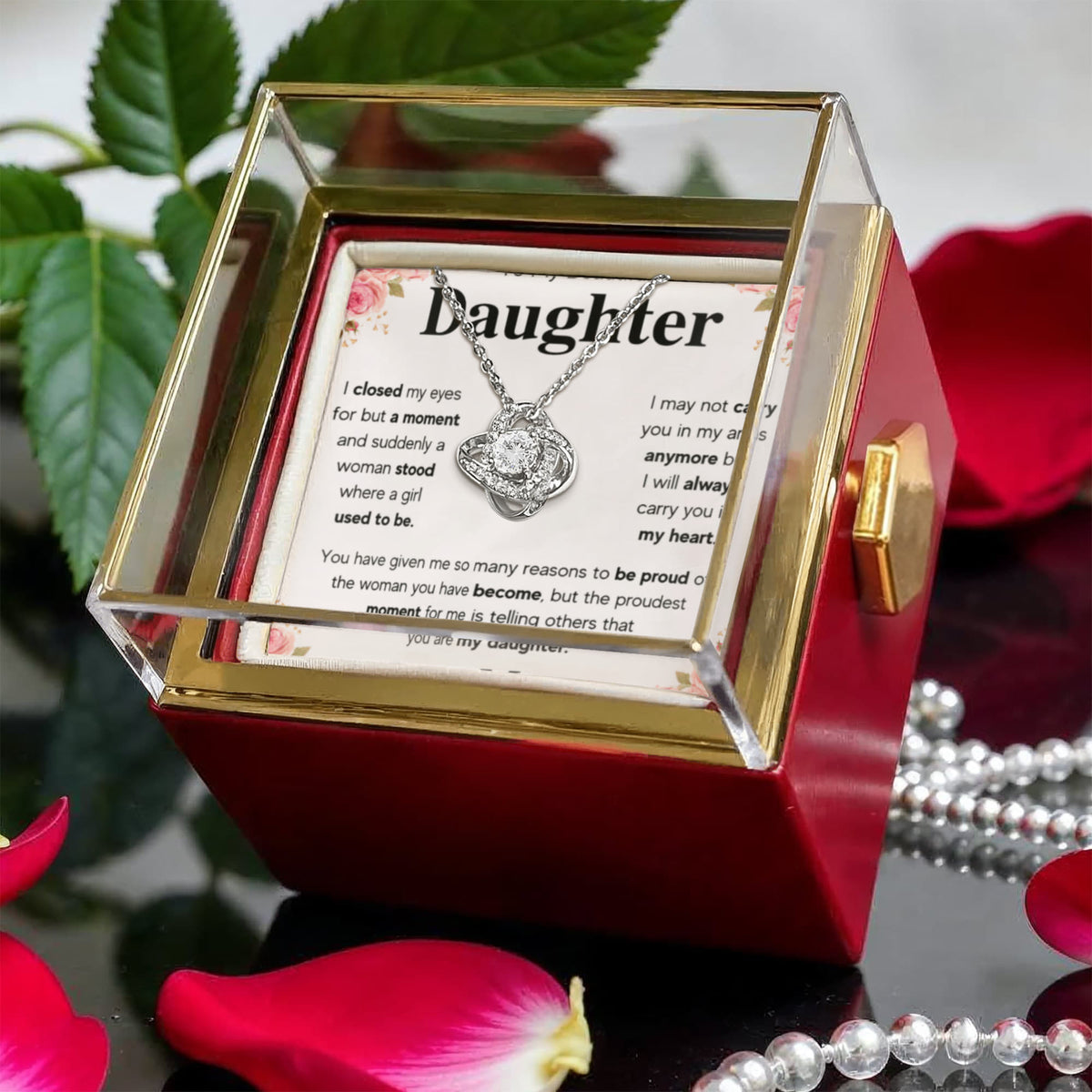 To My Daughter Mom Proud Love Knot Necklace Rose Box Gift Set