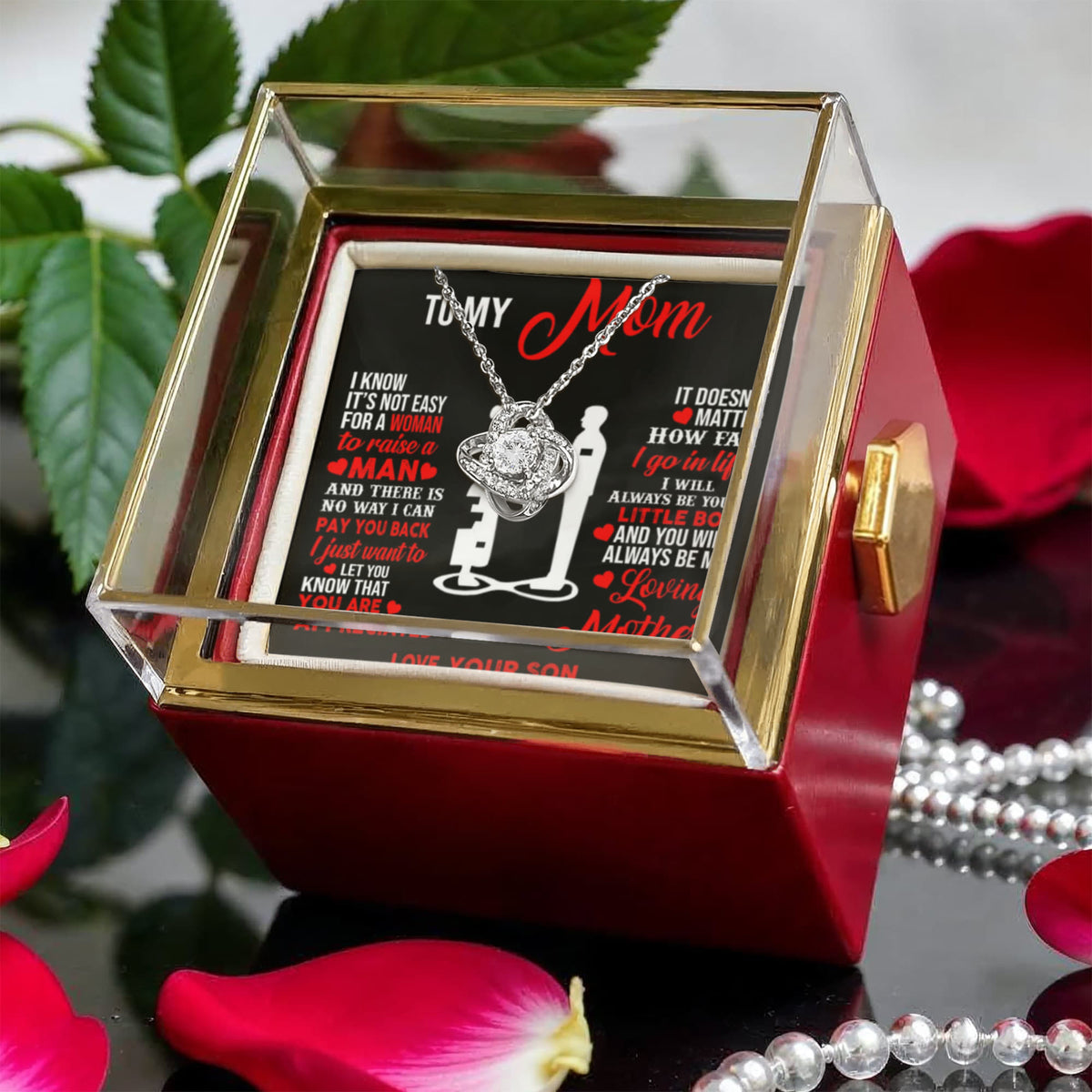 To My Little Boy Love Knot Necklace Rose Box Gift Set
