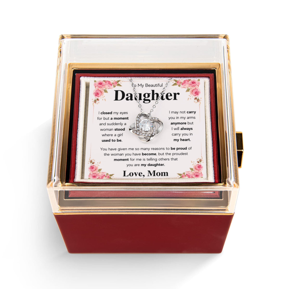 To My Daughter Mom Proud Love Knot Necklace Rose Box Gift Set