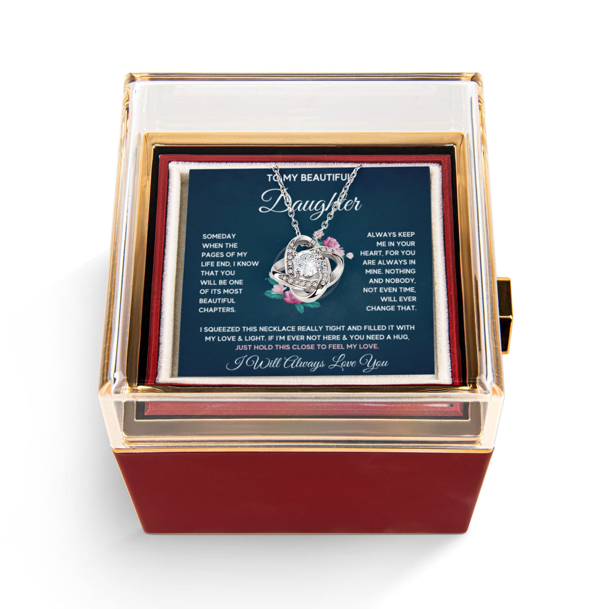 To My Daughter Chapters Squeezed Love Knot Necklace Rose Box Gift Set