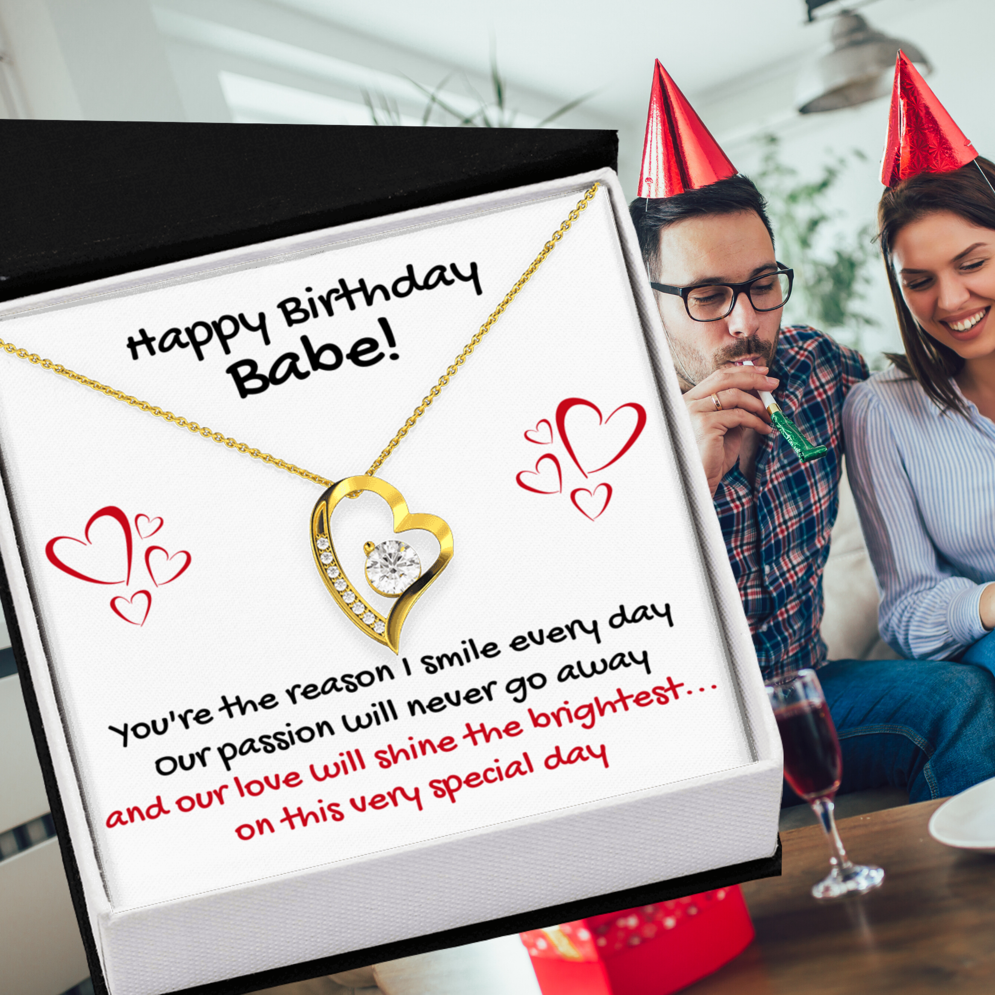 HAPPY BIRTHDAY BABE HEART NECKLACE | MESSAGE CARD | GIFT BOX - ON CLOUD NINE GIFTS