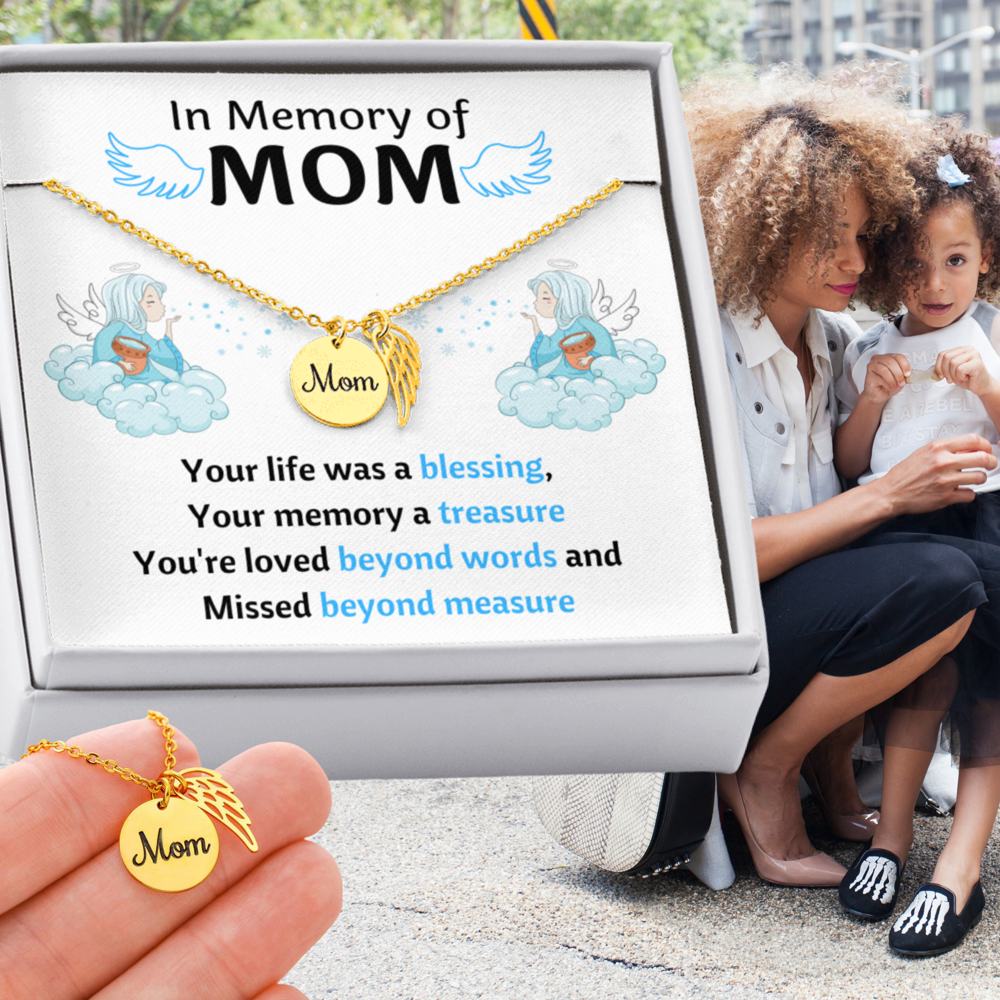 IN MEMORY OF MOM MEMORIAL NECKLACE | MESSAGE CARD | GIFT BOX - ON CLOUD NINE GIFTS