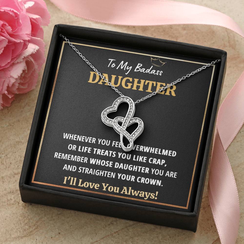 TO MY BADASS DAUGHTER "CRAP - BLACK" DOUBLE HEARTS NECKLACE GIFT SET - ON CLOUD NINE GIFTS