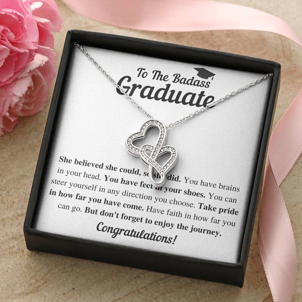 TO THE BADASS GRADUATE SHE DID DOUBLE HEARTS NECKLACE GIFT SET - ON CLOUD NINE GIFTS