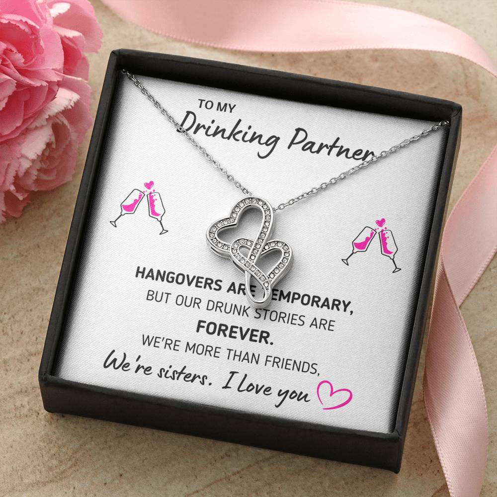 TO MY DRINKING PARTNER "MORE THAN FRIENDS" DOUBLE HEARTS NECKLACE GIFT SET - ON CLOUD NINE GIFTS