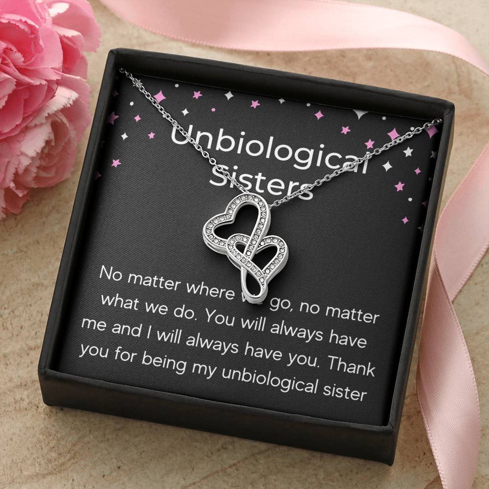 UNBIOLOGICAL SISTERS "NO MATTER WHERE WE GO" DOUBLE HEARTS NECKLACE GIFT SET - ON CLOUD NINE GIFTS