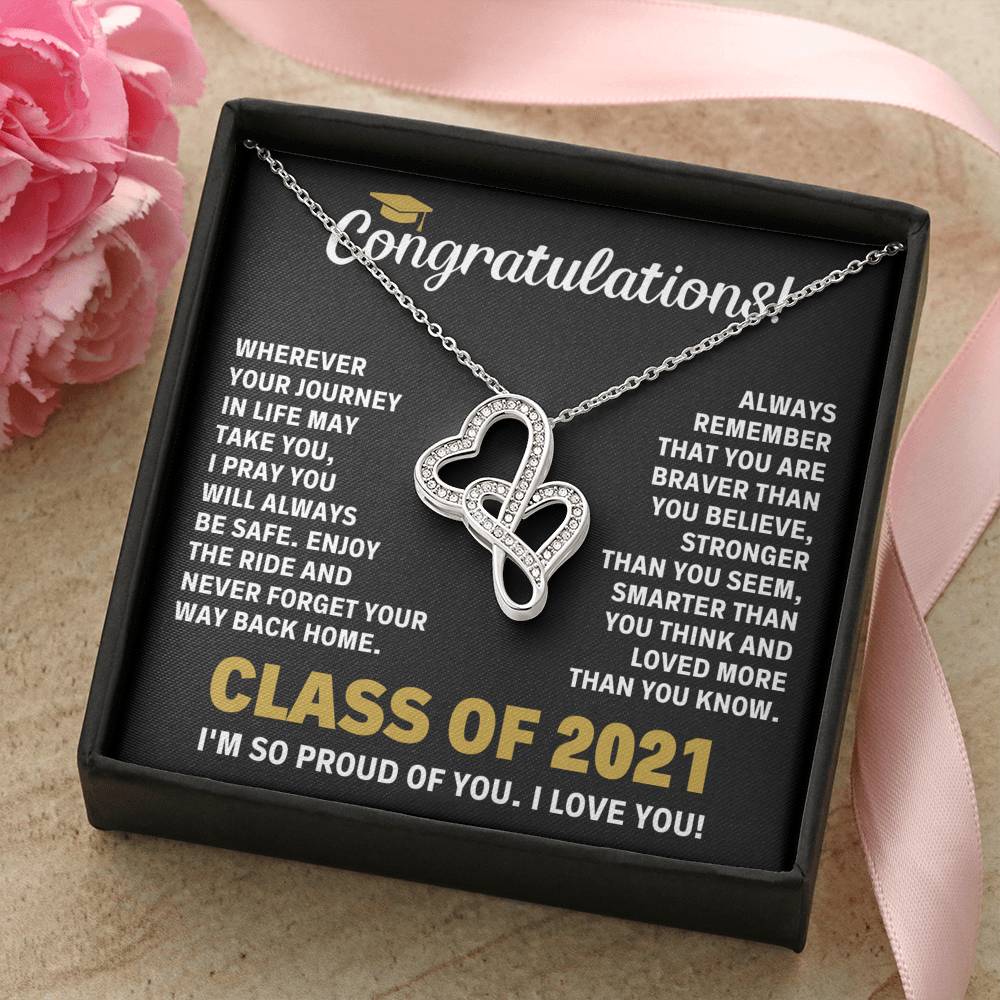 CLASS OF 2021 BRAVER DOUBLE HEARTS NECKLACE GIFT SET - ON CLOUD NINE GIFTS