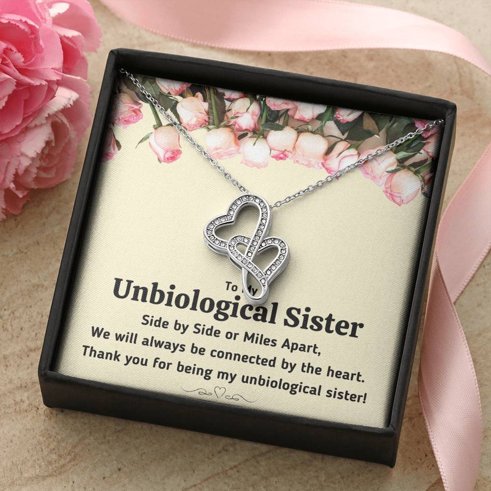 TO MY UNBIOLOGICAL SISTER "CONNECTED BY THE HEART" DOUBLE HEARTS NECKLACE GIFT SET - ON CLOUD NINE GIFTS