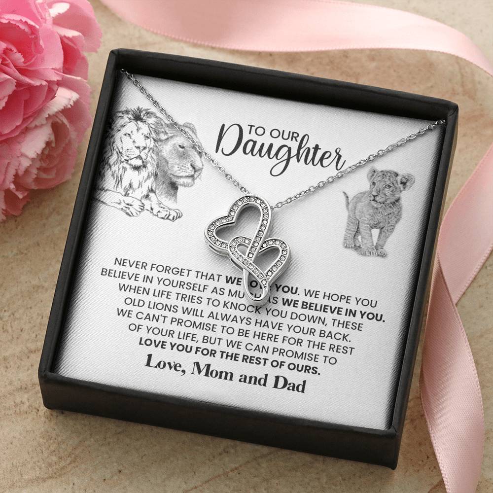 TO OUR DAUGHTER "THESE OLD LIONS" DOUBLE HEARTS NECKLACE GIFT SET - ON CLOUD NINE GIFTS