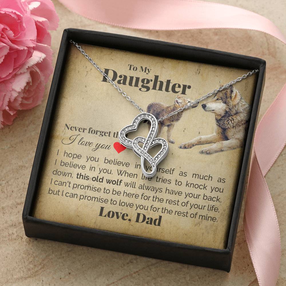 TO MY DAUGHTER "THIS OLD WOLF" DOUBLE HEARTS NECKLACE GIFT SET - ON CLOUD NINE GIFTS