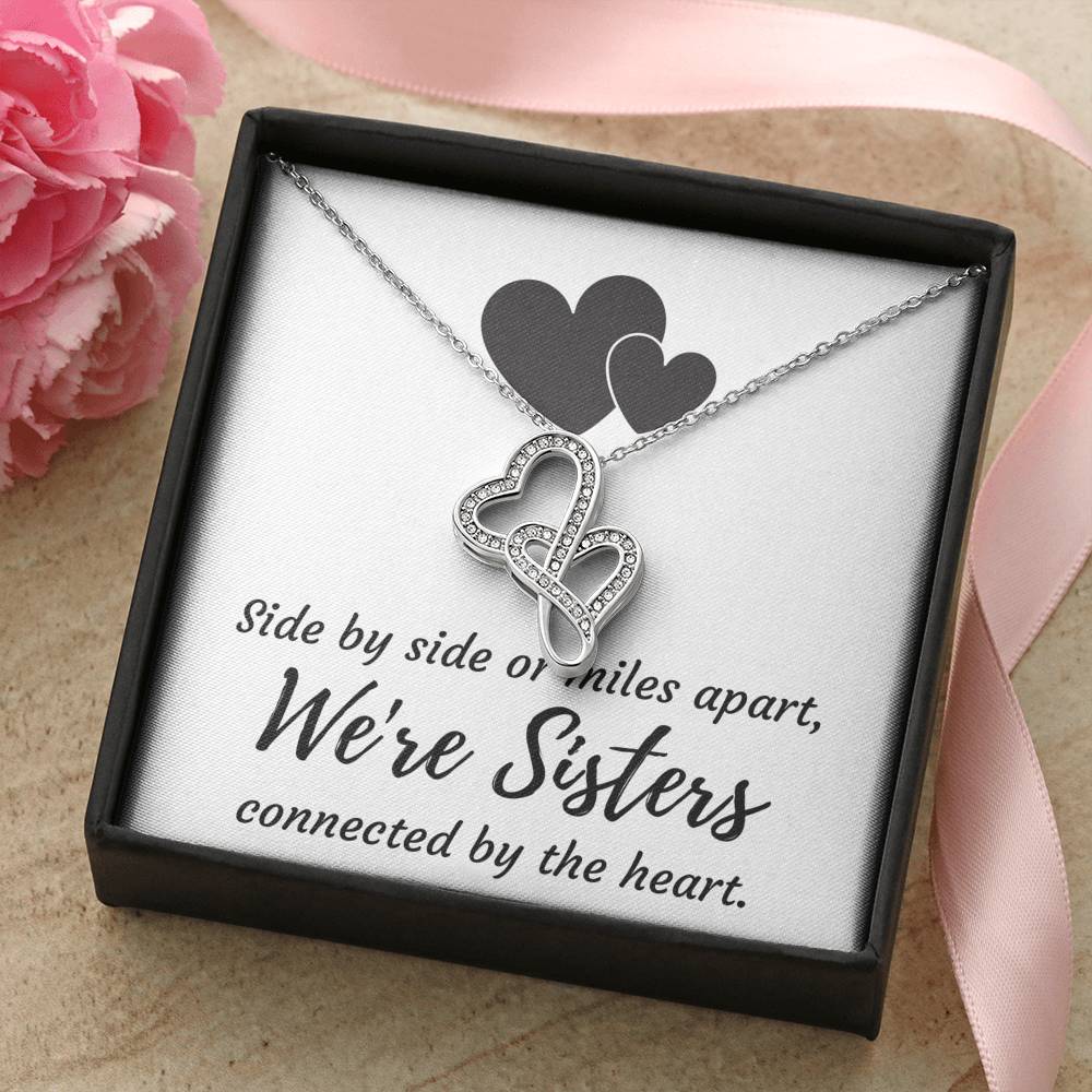 SISTERS CONNECTED BY THE HEART DOUBLE HEARTS NECKLACE GIFT SET - ON CLOUD NINE GIFTS