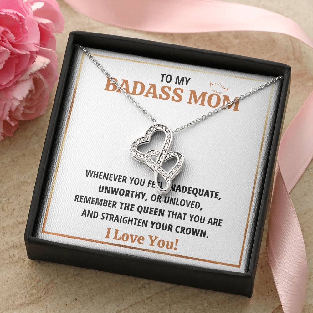 TO MY BADASS MOM QUEEN DOUBLE HEARTS NECKLACE GIFT SET - ON CLOUD NINE GIFTS