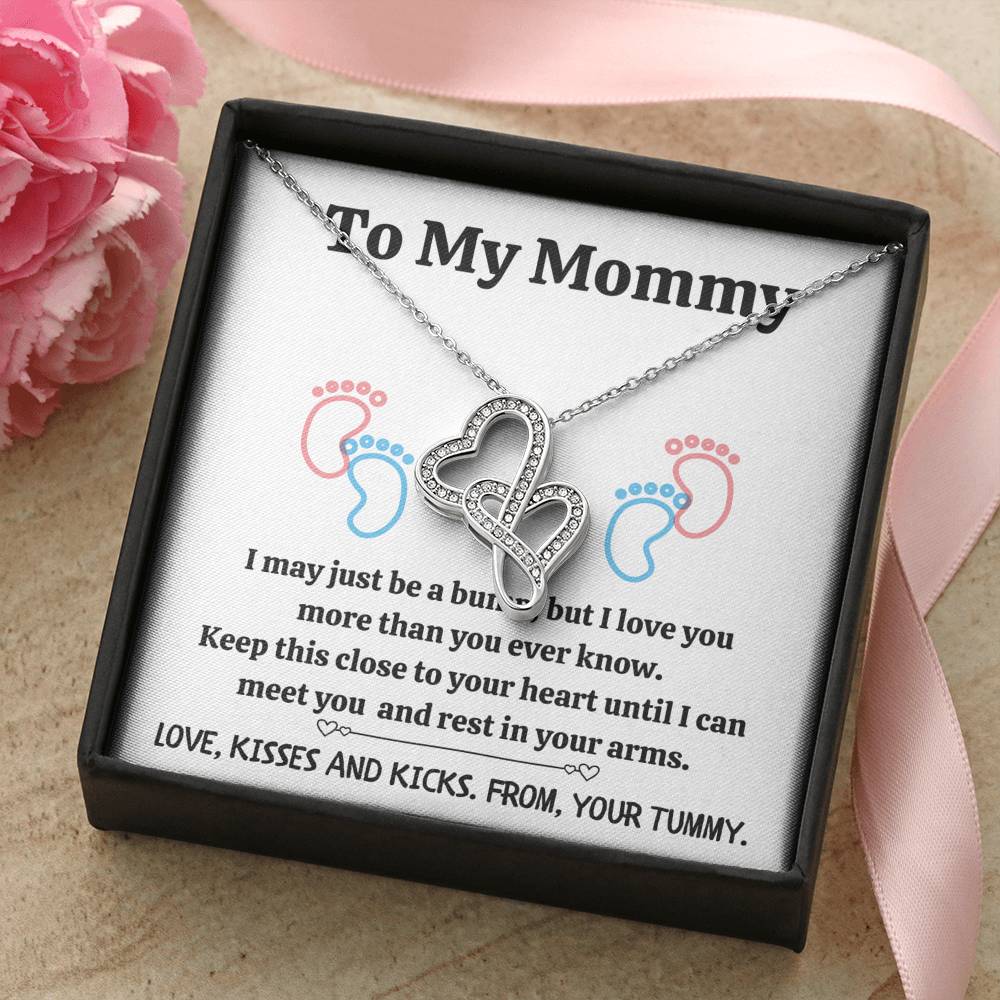 TO MY MOMMY "BABY FEET - WHITE" DOUBLE HEARTS NECKLACE GIFT SET - ON CLOUD NINE GIFTS