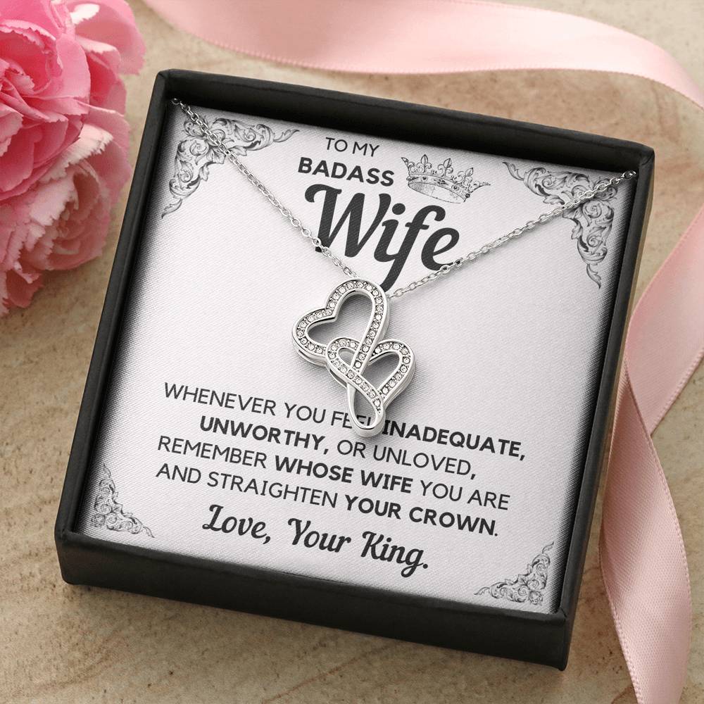 TO MY BADASS WIFE CROWN DECORATION DOUBLE HEARTS NECKLACE GIFT SET - ON CLOUD NINE GIFTS