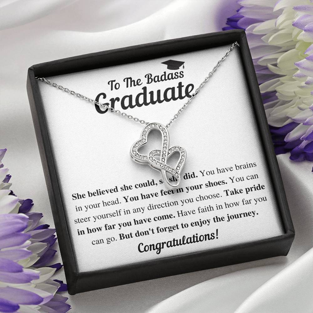TO THE BADASS GRADUATE SHE DID DOUBLE HEARTS NECKLACE GIFT SET - ON CLOUD NINE GIFTS