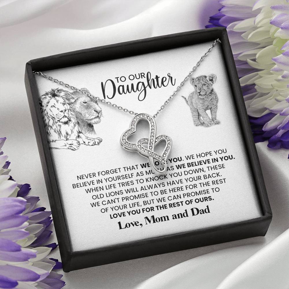 TO OUR DAUGHTER "THESE OLD LIONS" DOUBLE HEARTS NECKLACE GIFT SET - ON CLOUD NINE GIFTS