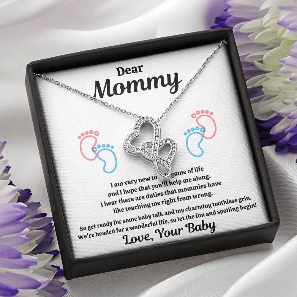 DEAR MOMMY "SPOILING BABY-FEET WHITE" DOUBLE HEARTS NECKLACE GIFT SET - ON CLOUD NINE GIFTS