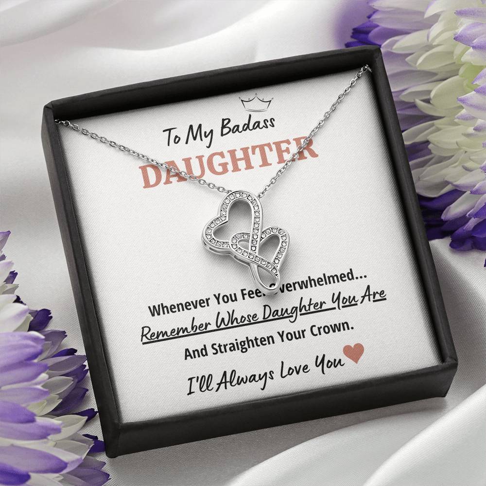 TO MY BADASS DAUGHTER "CROWN" DOUBLE HEARTS NECKLACE GIFT SET - ON CLOUD NINE GIFTS