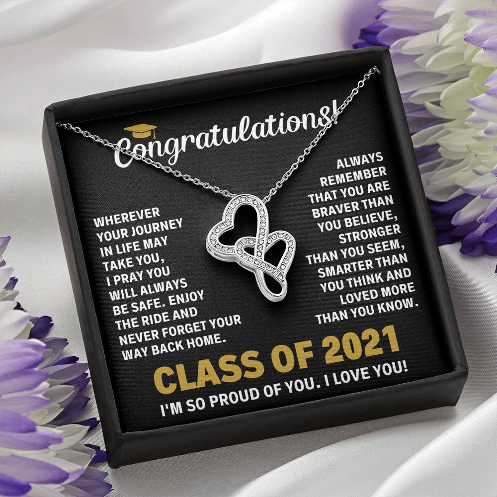 CLASS OF 2021 BRAVER DOUBLE HEARTS NECKLACE GIFT SET - ON CLOUD NINE GIFTS