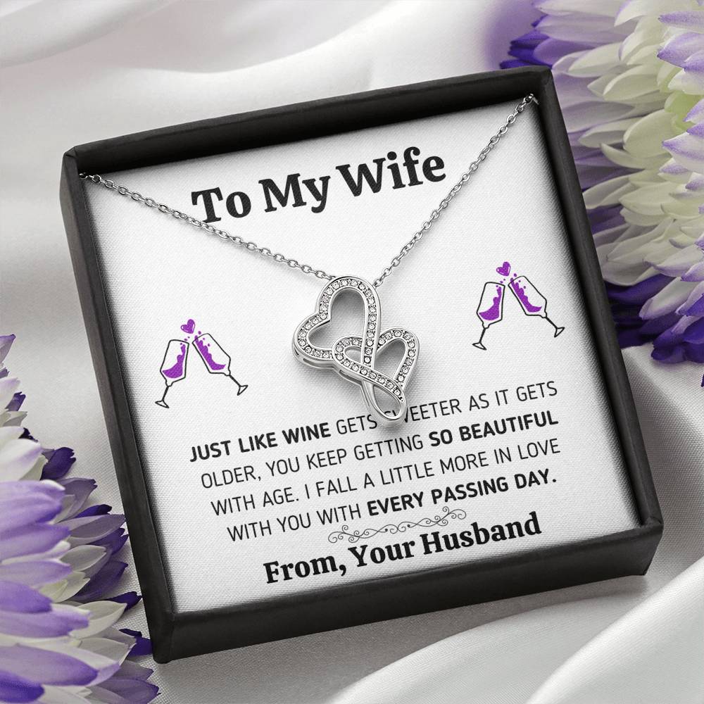 TO MY WIFE "JUST LIKE WINE" DOUBLE HEARTS NECKLACE GIFT SET - ON CLOUD NINE GIFTS