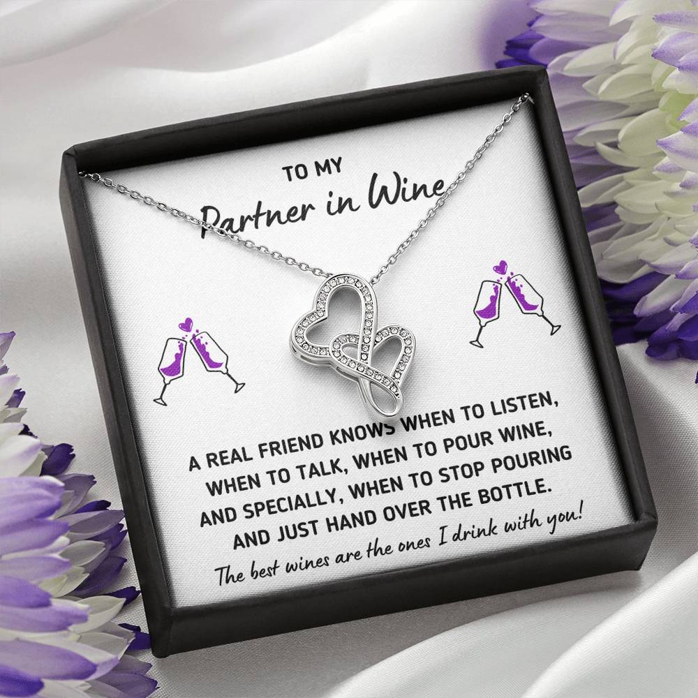 TO MY PARTNER IN WINE "HAND OVER THE BOTTLE" DOUBLE HEARTS NECKLACE GIFT SET - ON CLOUD NINE GIFTS
