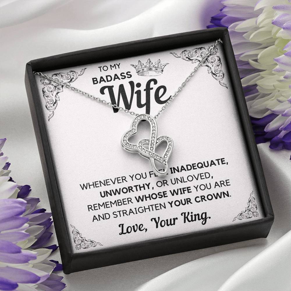 TO MY BADASS WIFE CROWN DECORATION DOUBLE HEARTS NECKLACE GIFT SET - ON CLOUD NINE GIFTS