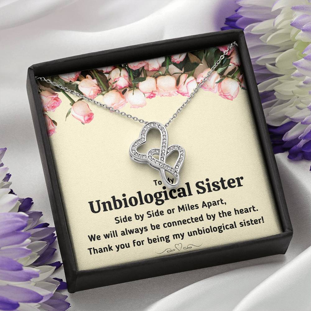 TO MY UNBIOLOGICAL SISTER "CONNECTED BY THE HEART" DOUBLE HEARTS NECKLACE GIFT SET - ON CLOUD NINE GIFTS