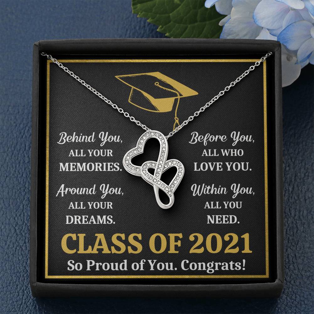 GRADUATION 2021 ALL YOU NEED GOLD DOUBLE HEARTS NECKLACE GIFT SET - ON CLOUD NINE GIFTS