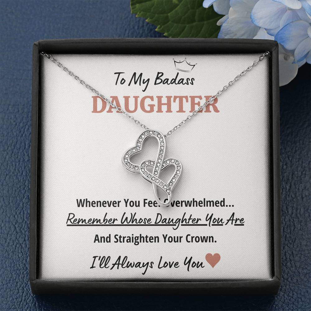 TO MY BADASS DAUGHTER "CROWN" DOUBLE HEARTS NECKLACE GIFT SET - ON CLOUD NINE GIFTS